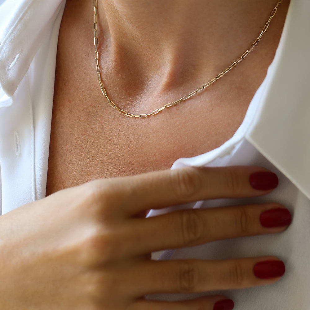 OBFJ2178 - Solid Gold Tiny Paper Clip Link Necklace necklace in selectable metal and diamond options - Roselle Jewelry view 4