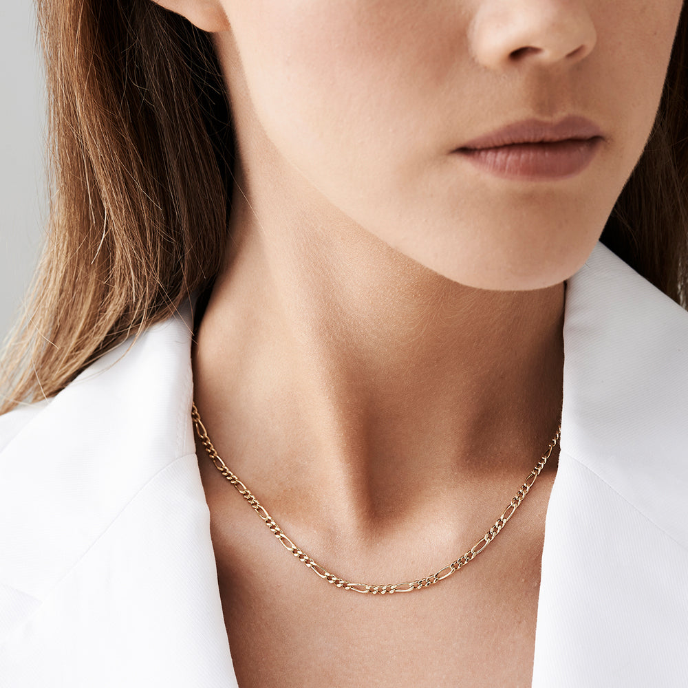 OBFJ2085 - 3MM Figaro Chain Necklace necklace in selectable metal and diamond options - Roselle Jewelry view 3