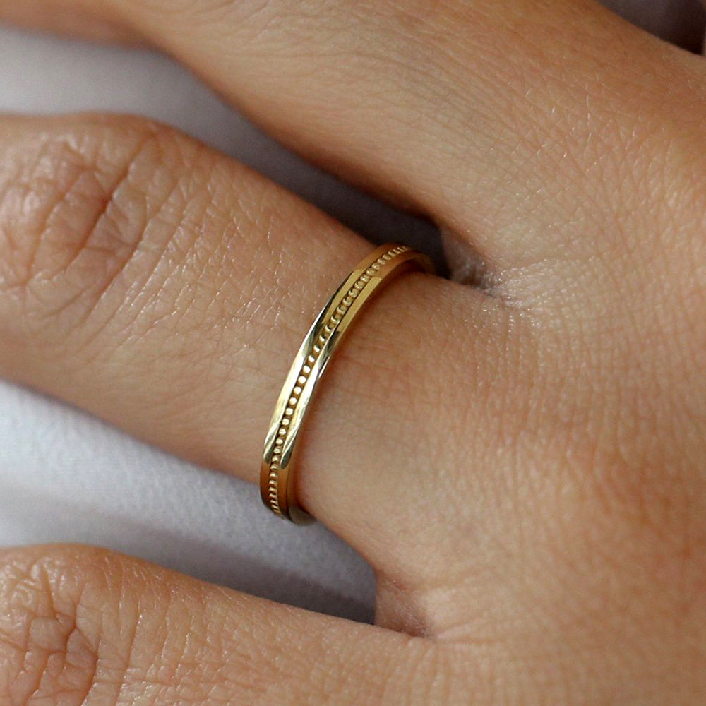 OBFJ2026 - 14k Beaded Stacking Gold Wedding Band 2