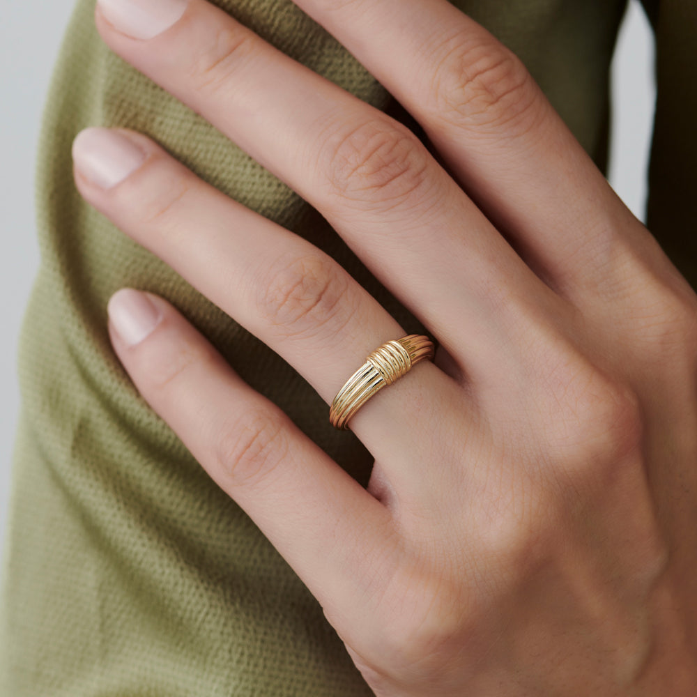 OBFJ1543 - 14k Ribbed Dome Graduating Gold Ring 4