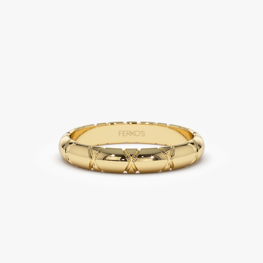 OBFJ1486 - 14k 3MM Unique X Cut Design Gold Wedding Ring 1