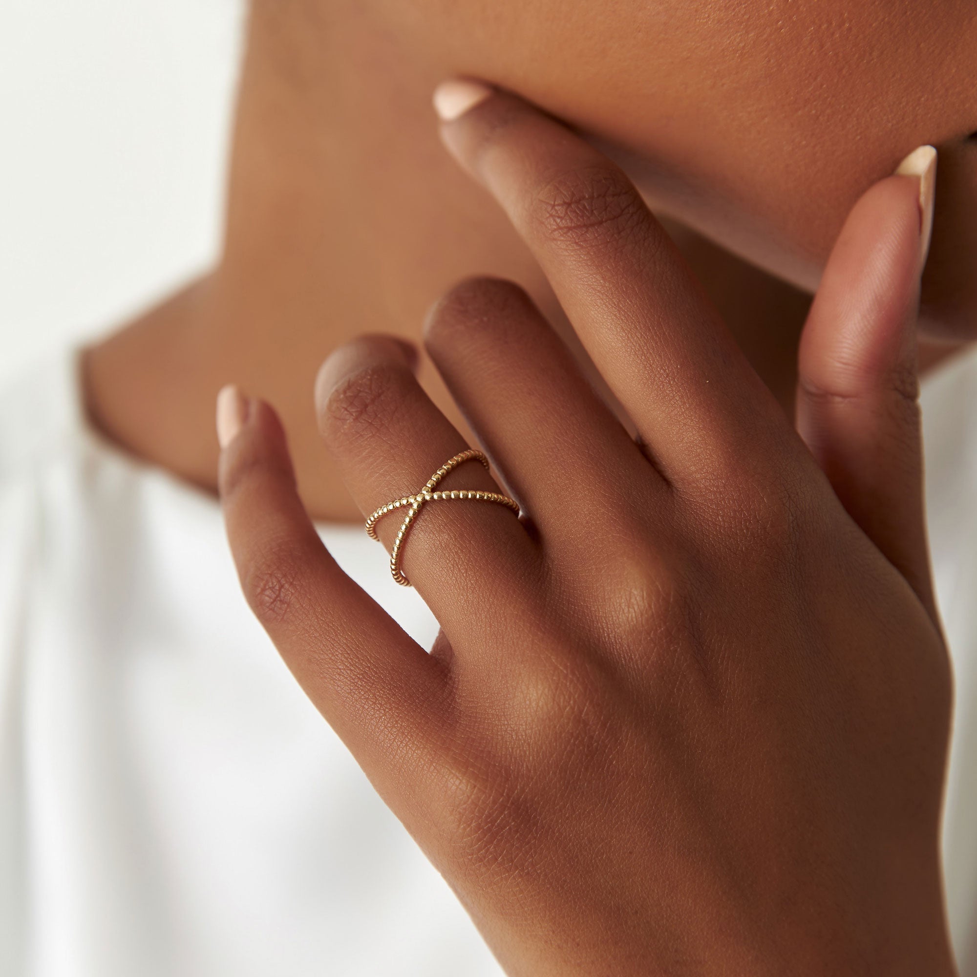 OBFJ1282 - 14K Gold Beaded Band Criss Cross Statement Ring 2