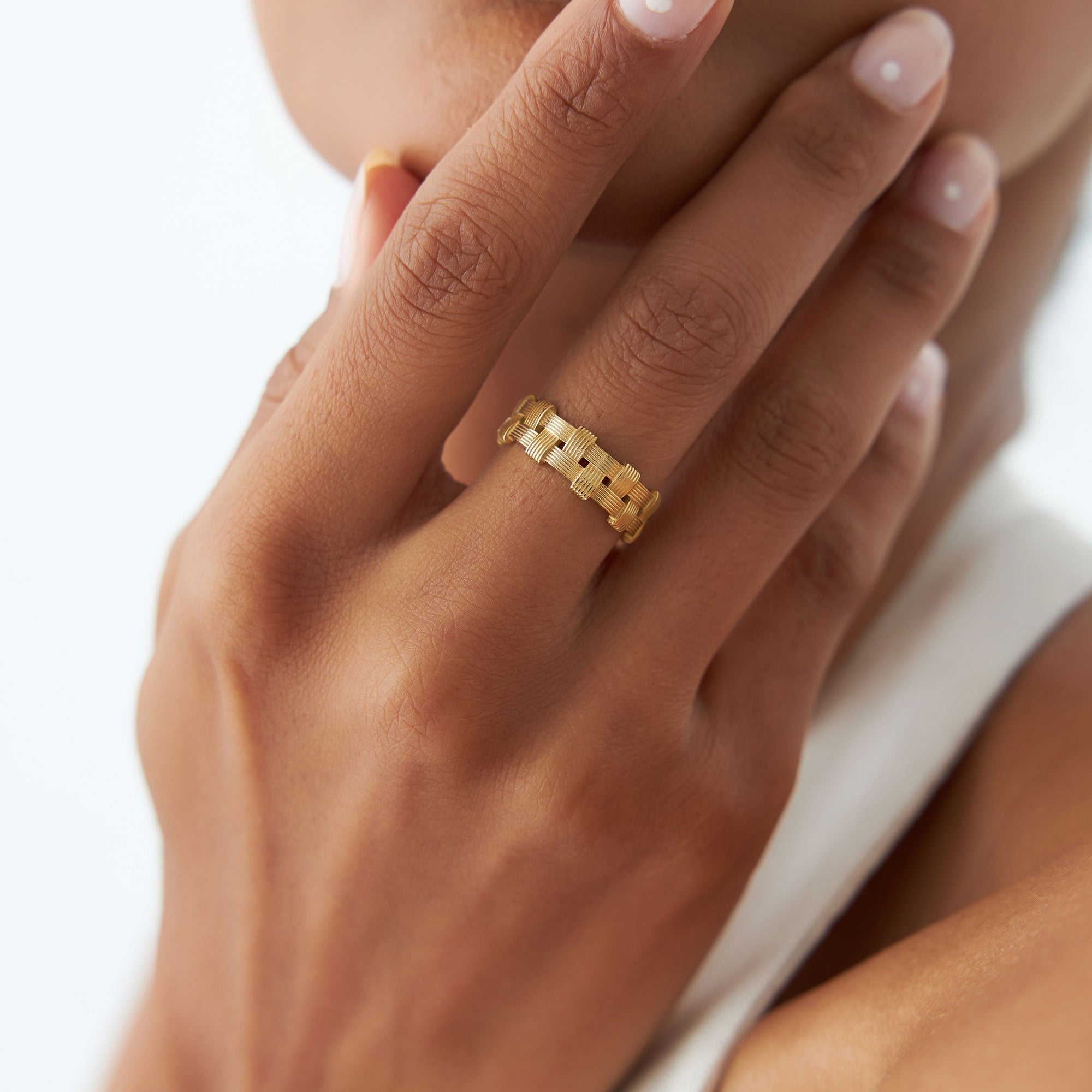 OBFJ1122 - 14K Stackable Ribbed Woven Gold Ring 2