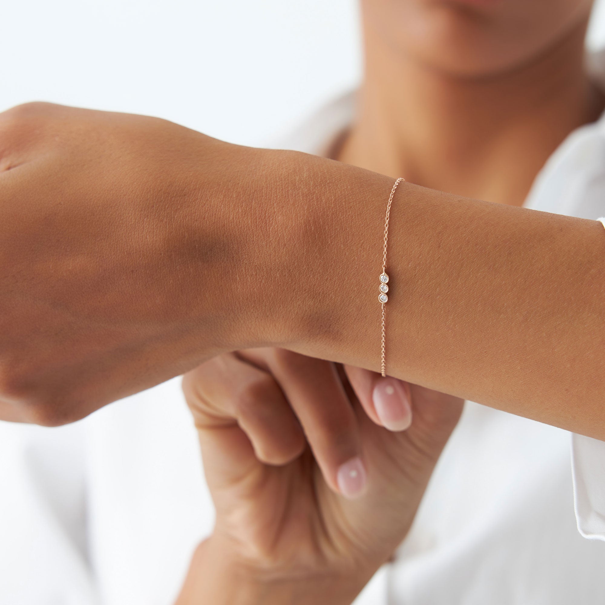 OBFJ0206 - 14K Rose Gold Trio Diamond Bracelet with Thin Chain 2