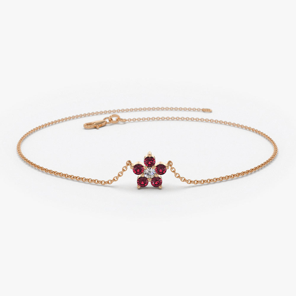 OBFJ1850 - Ruby and Diamond Flower Charm Bracelet bracelets in selectable metal and diamond options - Roselle Jewelry view 3