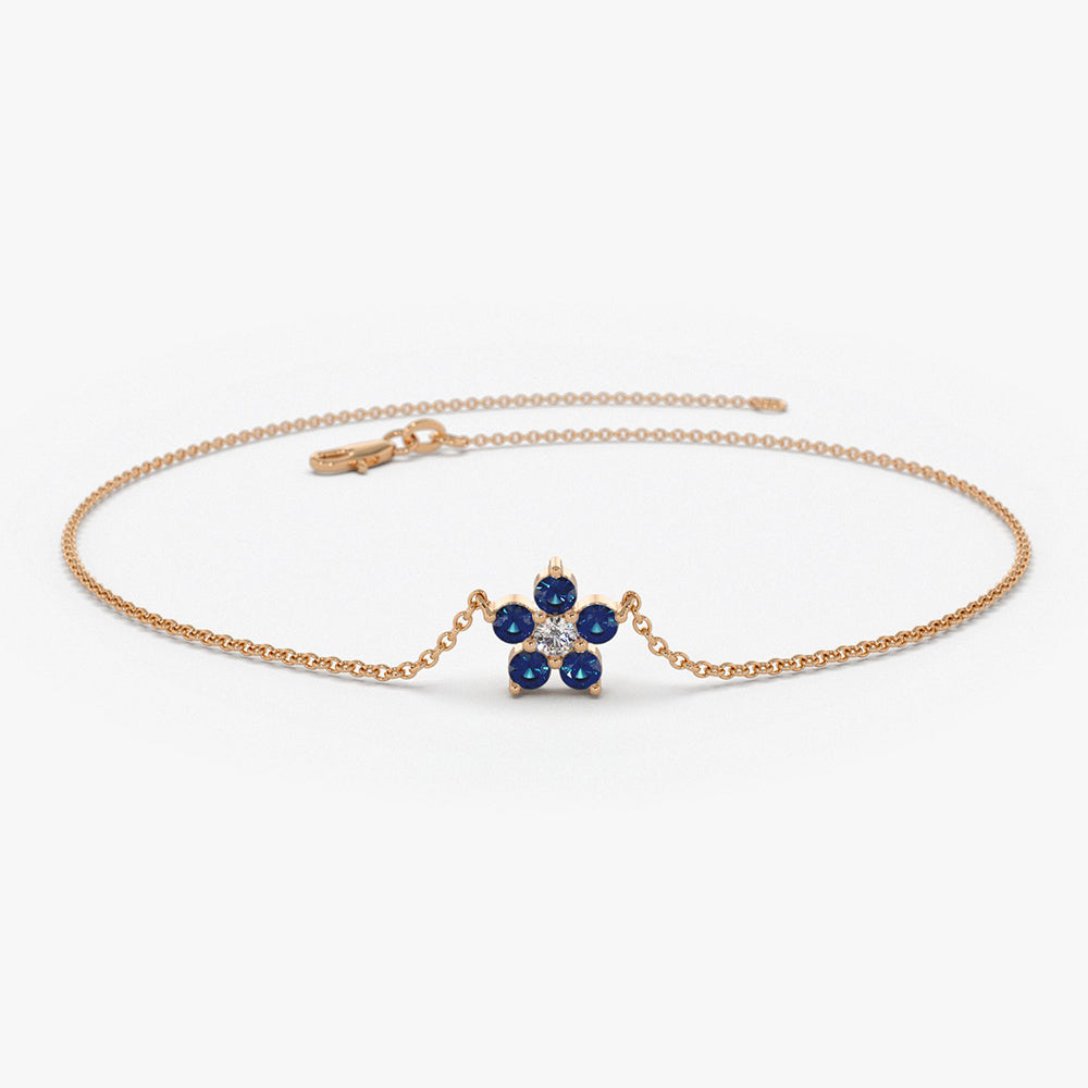 OBFJ1864 - Sapphire and Diamond Flower Charm Bracelet bracelets in selectable metal and diamond options - Roselle Jewelry view 4