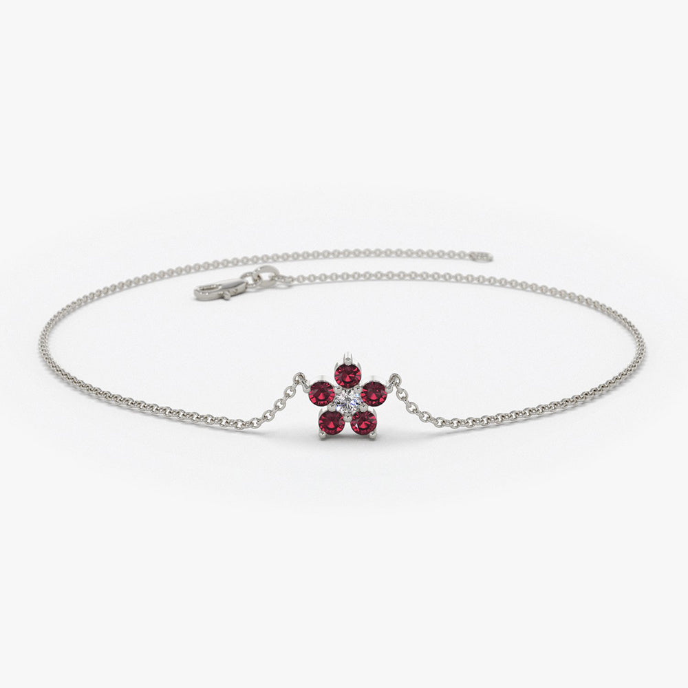 OBFJ1850 - Ruby and Diamond Flower Charm Bracelet bracelets in selectable metal and diamond options - Roselle Jewelry view 4