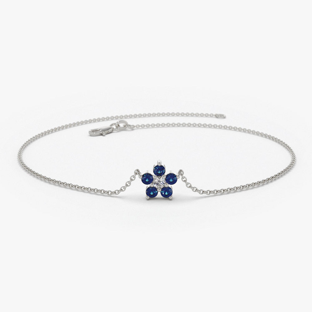 OBFJ1864 - Sapphire and Diamond Flower Charm Bracelet bracelets in selectable metal and diamond options - Roselle Jewelry view 5