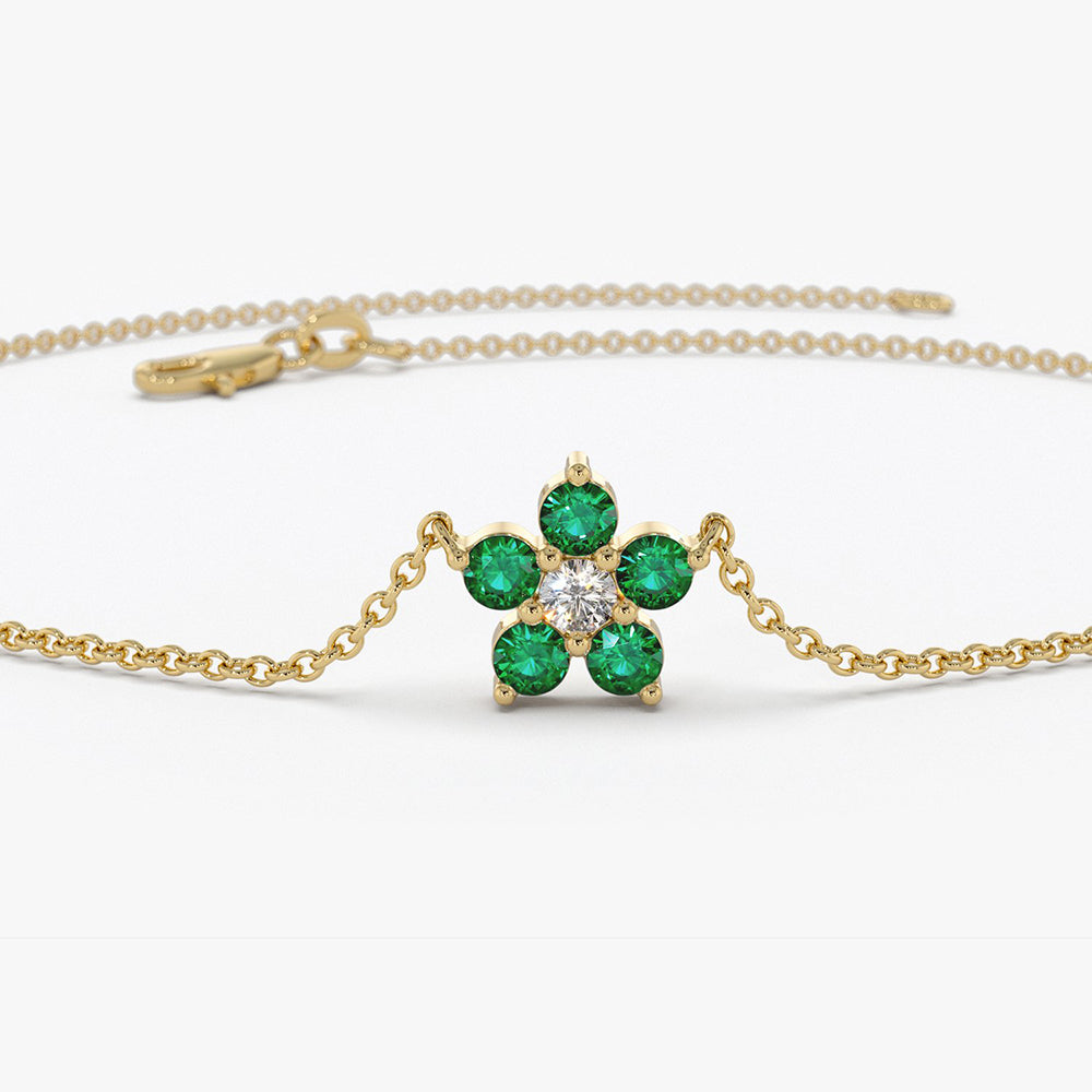OBFJ1841 - Emerald and Diamond Flower Charm Bracelet bracelets in selectable metal and diamond options - Roselle Jewelry view 7