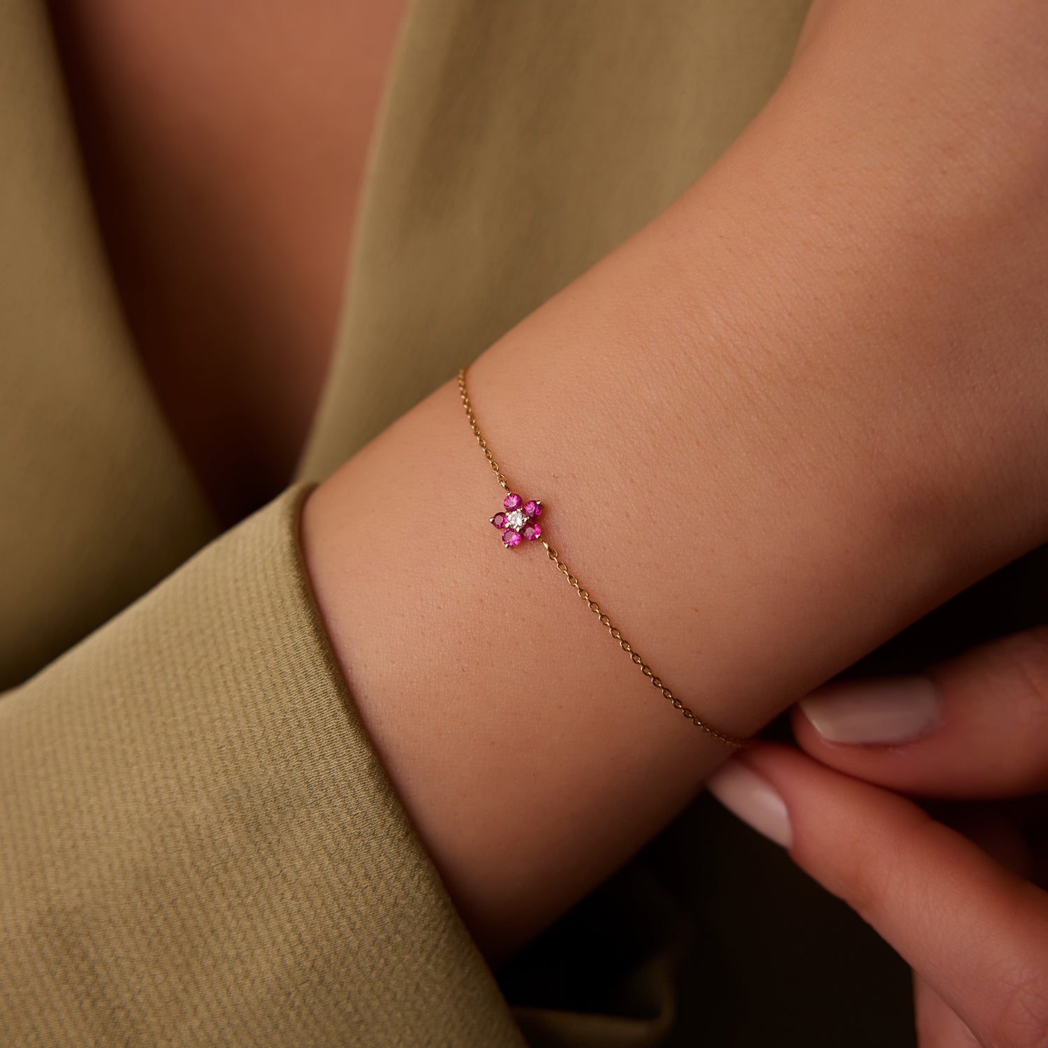 OBFJ1850 - Ruby and Diamond Flower Charm Bracelet bracelets in selectable metal and diamond options - Roselle Jewelry view 2