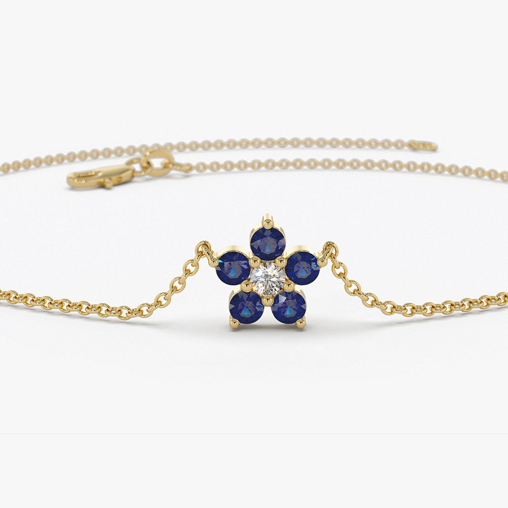 OBFJ1864 - Sapphire and Diamond Flower Charm Bracelet bracelets in selectable metal and diamond options - Roselle Jewelry view 7