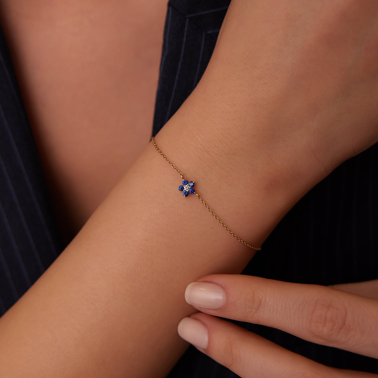 OBFJ1864 - Sapphire and Diamond Flower Charm Bracelet bracelets in selectable metal and diamond options - Roselle Jewelry view 2