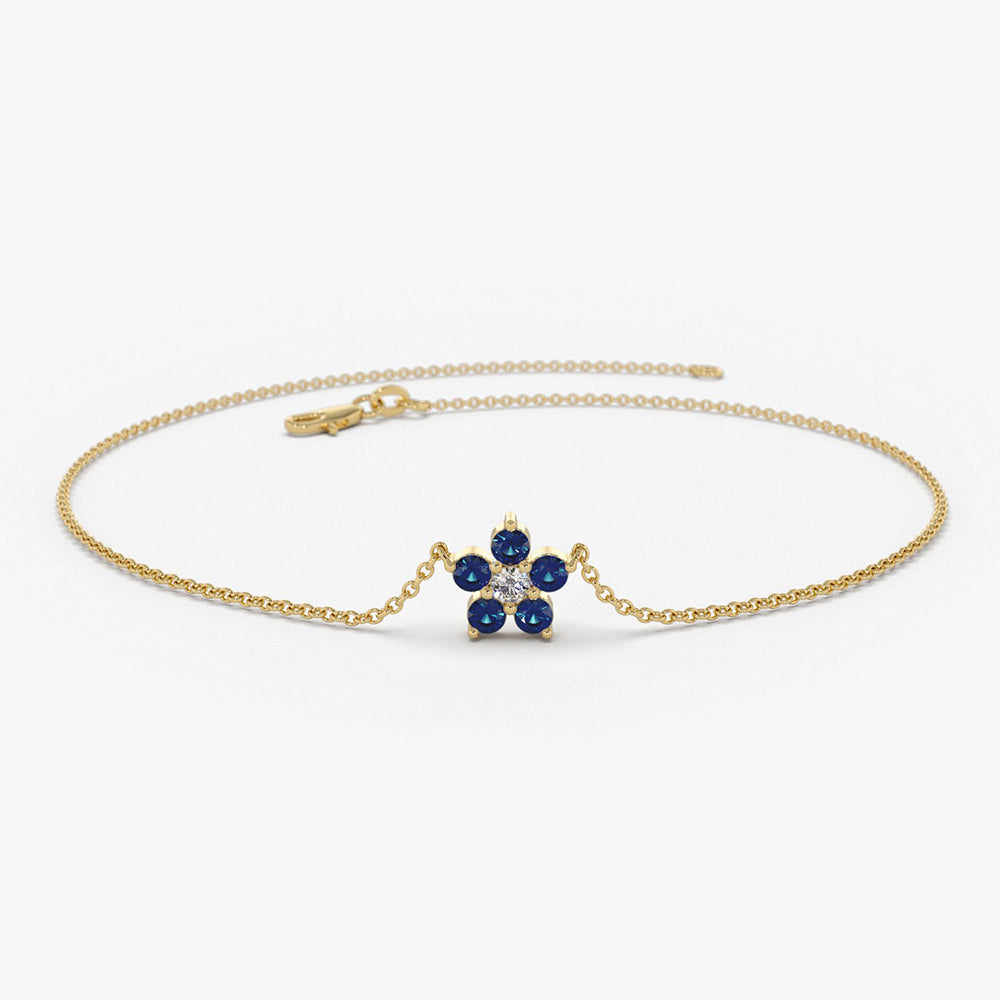 OBFJ1864 - Sapphire and Diamond Flower Charm Bracelet bracelets in selectable metal and diamond options - Roselle Jewelry view 1