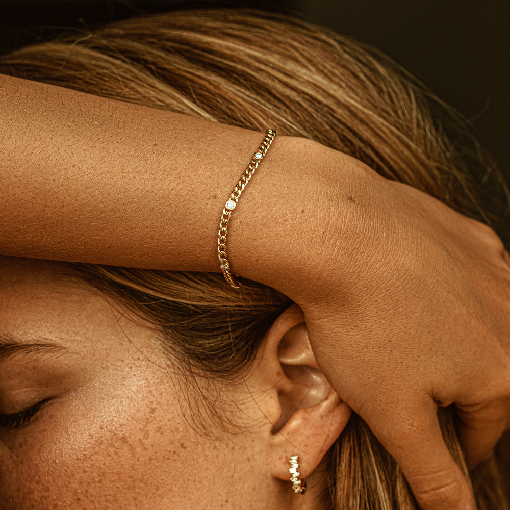 OBFJ1870 - Cuban Link Bracelet w/ Bezel Setting Diamond bracelets in selectable metal and diamond options - Roselle Jewelry view 11