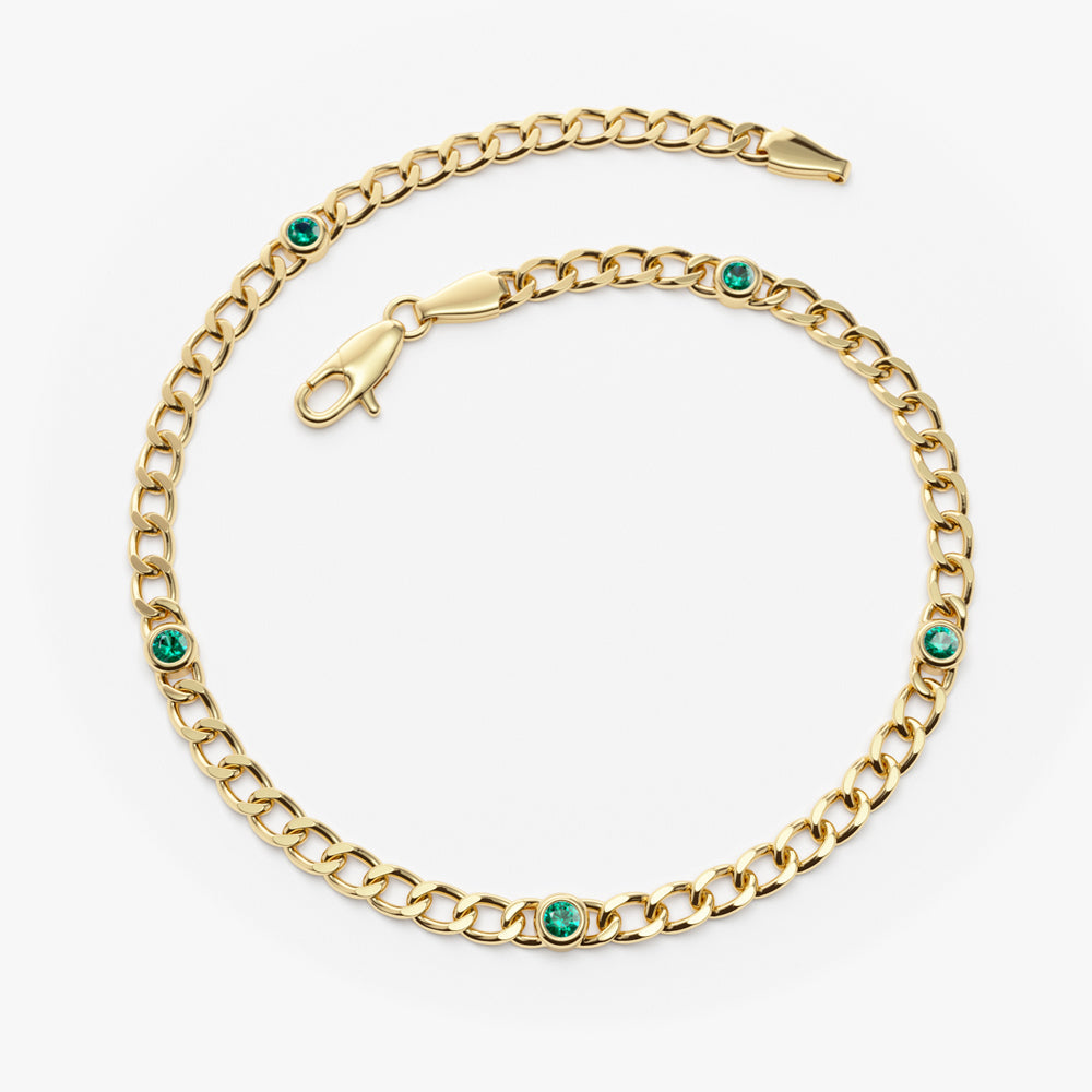 OBFJ2282 - Cuban Link Bracelet w/ Bezel Setting Emerald bracelets in selectable metal and diamond options - Roselle Jewelry view 6