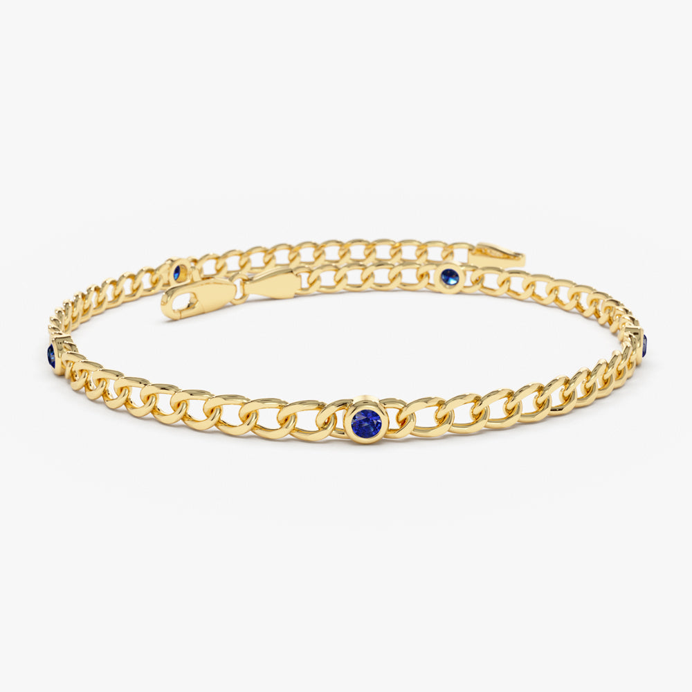 OBFJ2256 - Cuban Link Bracelet w/ Bezel Setting Sapphire bracelets in selectable metal and diamond options - Roselle Jewelry view 5