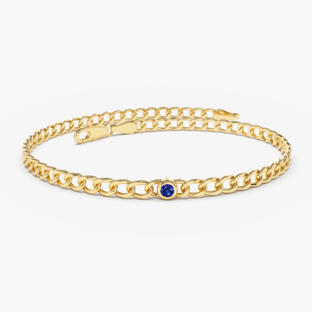 OBFJ2256 - Cuban Link Bracelet w/ Bezel Setting Sapphire bracelets in selectable metal and diamond options - Roselle Jewelry view 1