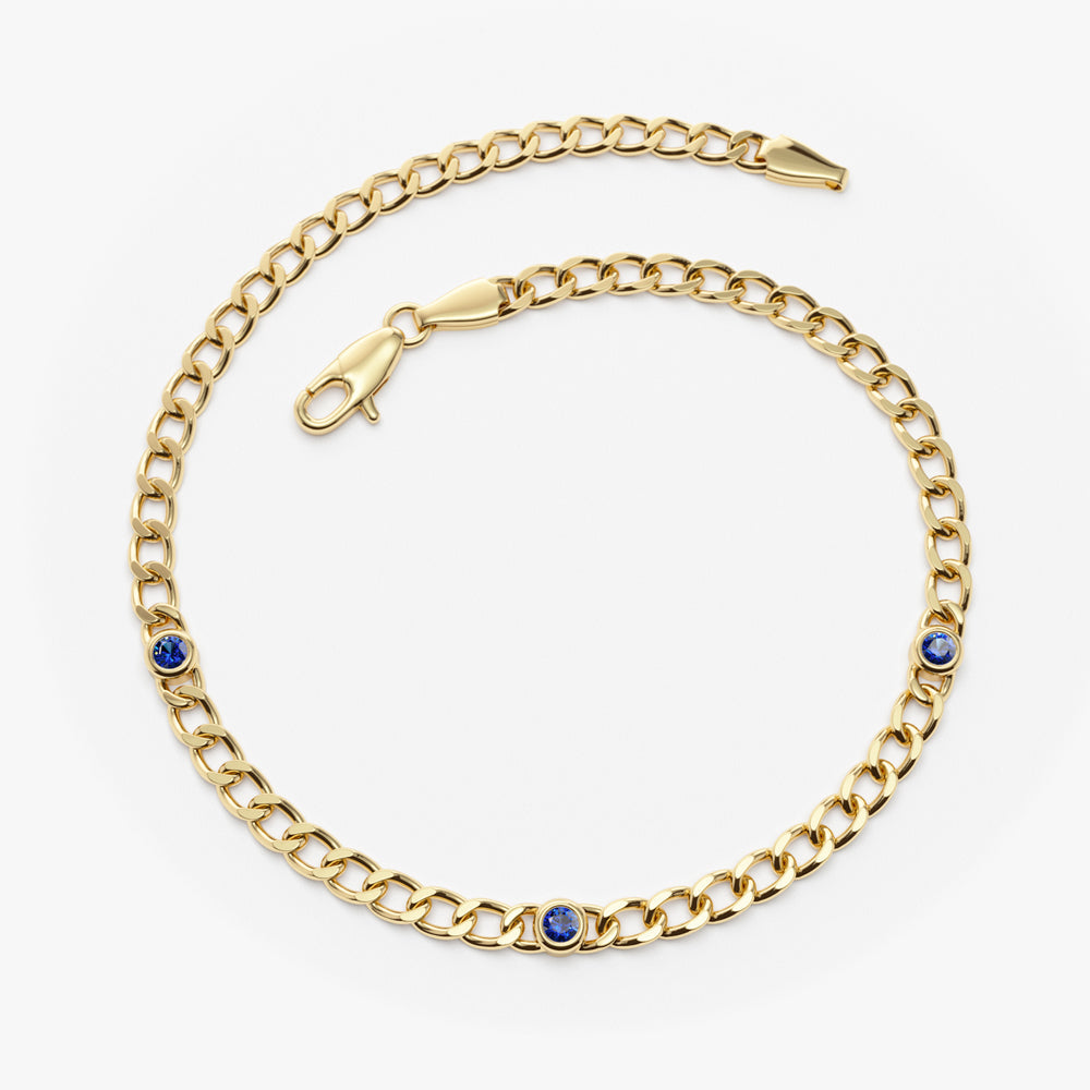 OBFJ2256 - Cuban Link Bracelet w/ Bezel Setting Sapphire bracelets in selectable metal and diamond options - Roselle Jewelry view 6