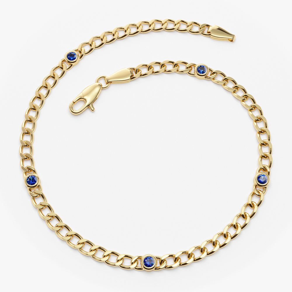 OBFJ2256 - Cuban Link Bracelet w/ Bezel Setting Sapphire bracelets in selectable metal and diamond options - Roselle Jewelry view 7