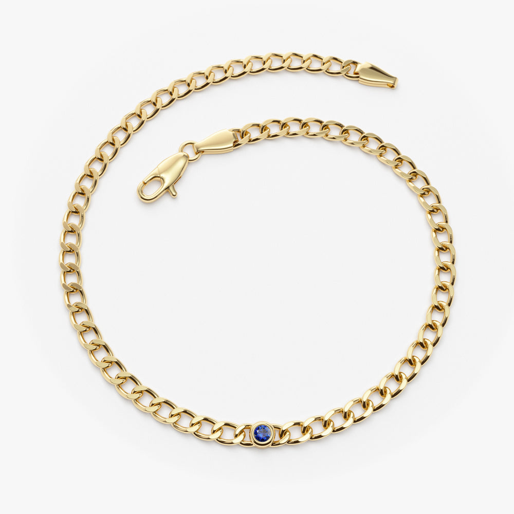 OBFJ2256 - Cuban Link Bracelet w/ Bezel Setting Sapphire bracelets in selectable metal and diamond options - Roselle Jewelry view 8