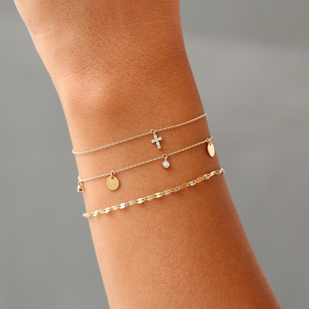 OBFJ1906 - Tiny Diamond Cross Charm Bracelet bracelets in selectable metal and diamond options - Roselle Jewelry view 4