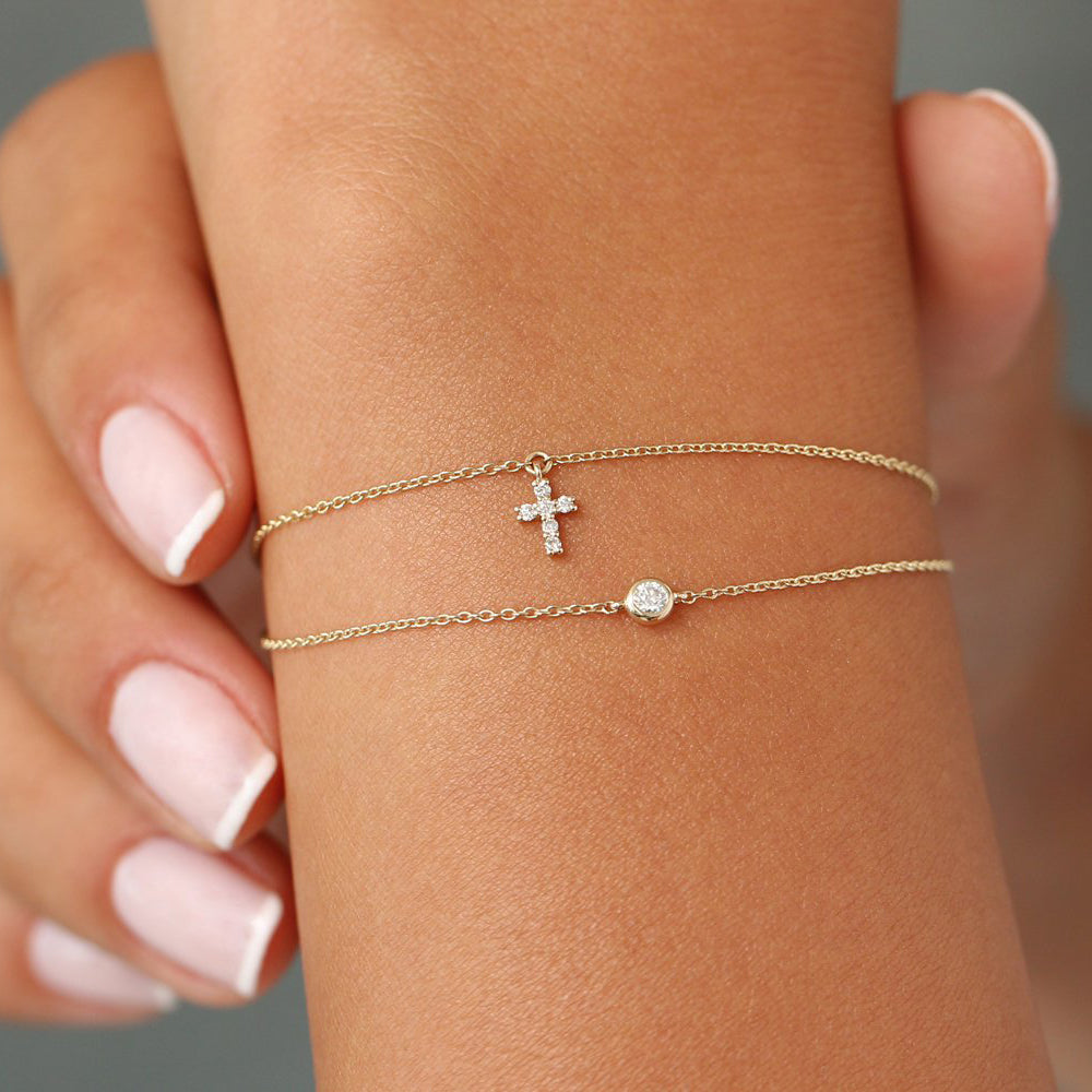 OBFJ1906 - Tiny Diamond Cross Charm Bracelet bracelets in selectable metal and diamond options - Roselle Jewelry view 2