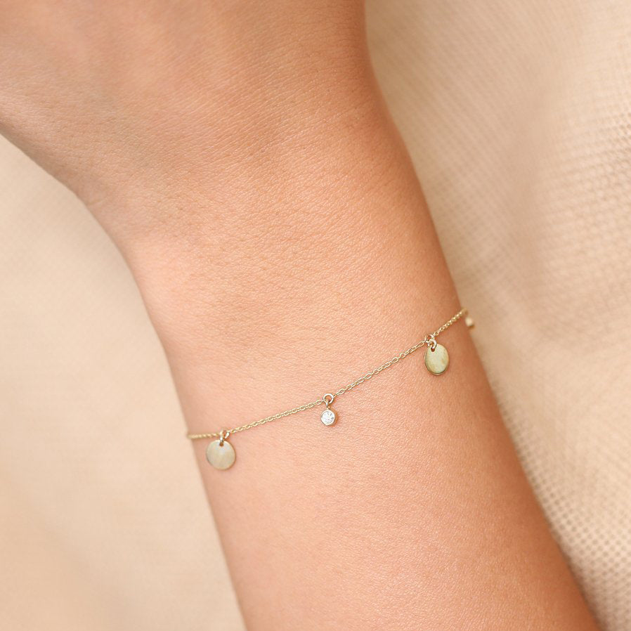 OBFJ1912 - Dangling Diamond Bracelet with Dangling Gold Disc bracelets in selectable metal and diamond options - Roselle Jewelry view 2