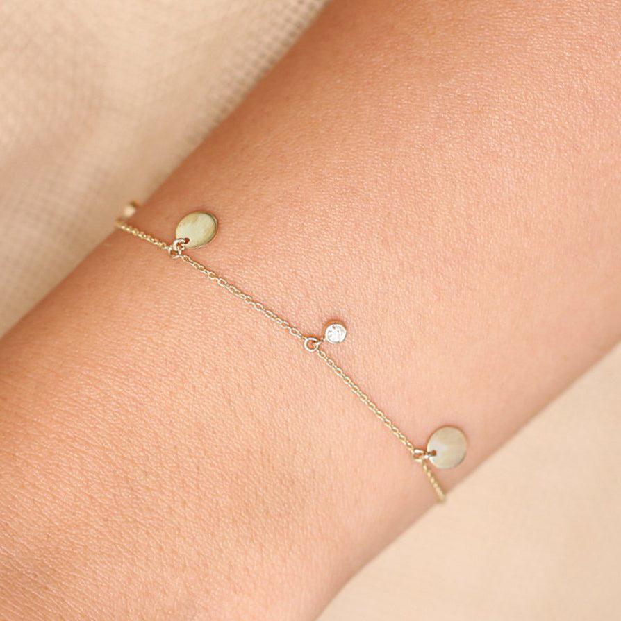 OBFJ1912 - Dangling Diamond Bracelet with Dangling Gold Disc bracelets in selectable metal and diamond options - Roselle Jewelry view 4
