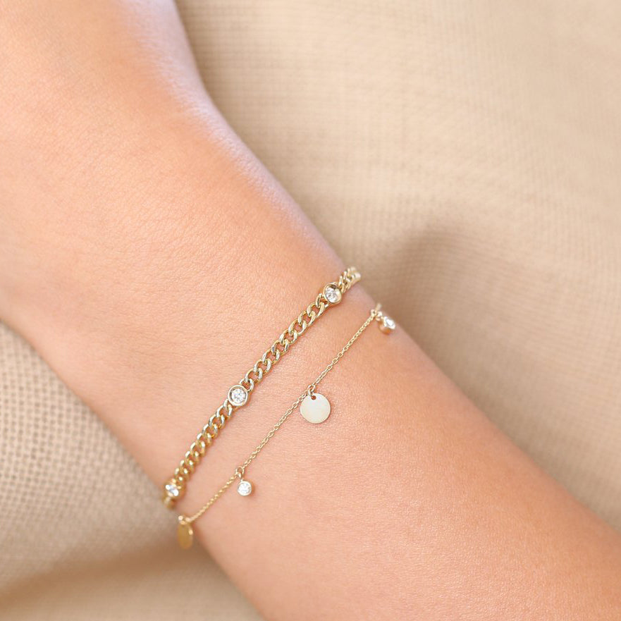 OBFJ1912 - Dangling Diamond Bracelet with Dangling Gold Disc bracelets in selectable metal and diamond options - Roselle Jewelry view 5