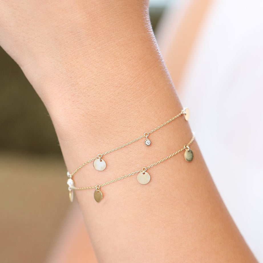OBFJ1912 - Dangling Diamond Bracelet with Dangling Gold Disc bracelets in selectable metal and diamond options - Roselle Jewelry view 3