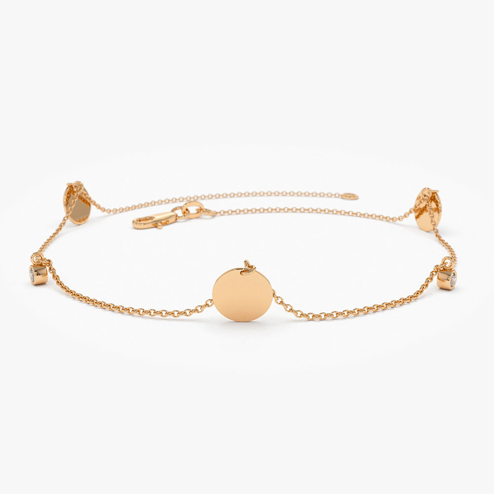 OBFJ1912 - Dangling Diamond Bracelet with Dangling Gold Disc bracelets in selectable metal and diamond options - Roselle Jewelry view 6