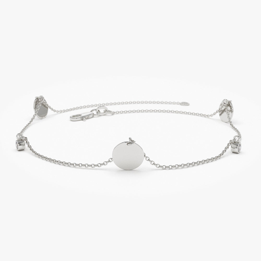 OBFJ1912 - Dangling Diamond Bracelet with Dangling Gold Disc bracelets in selectable metal and diamond options - Roselle Jewelry view 7