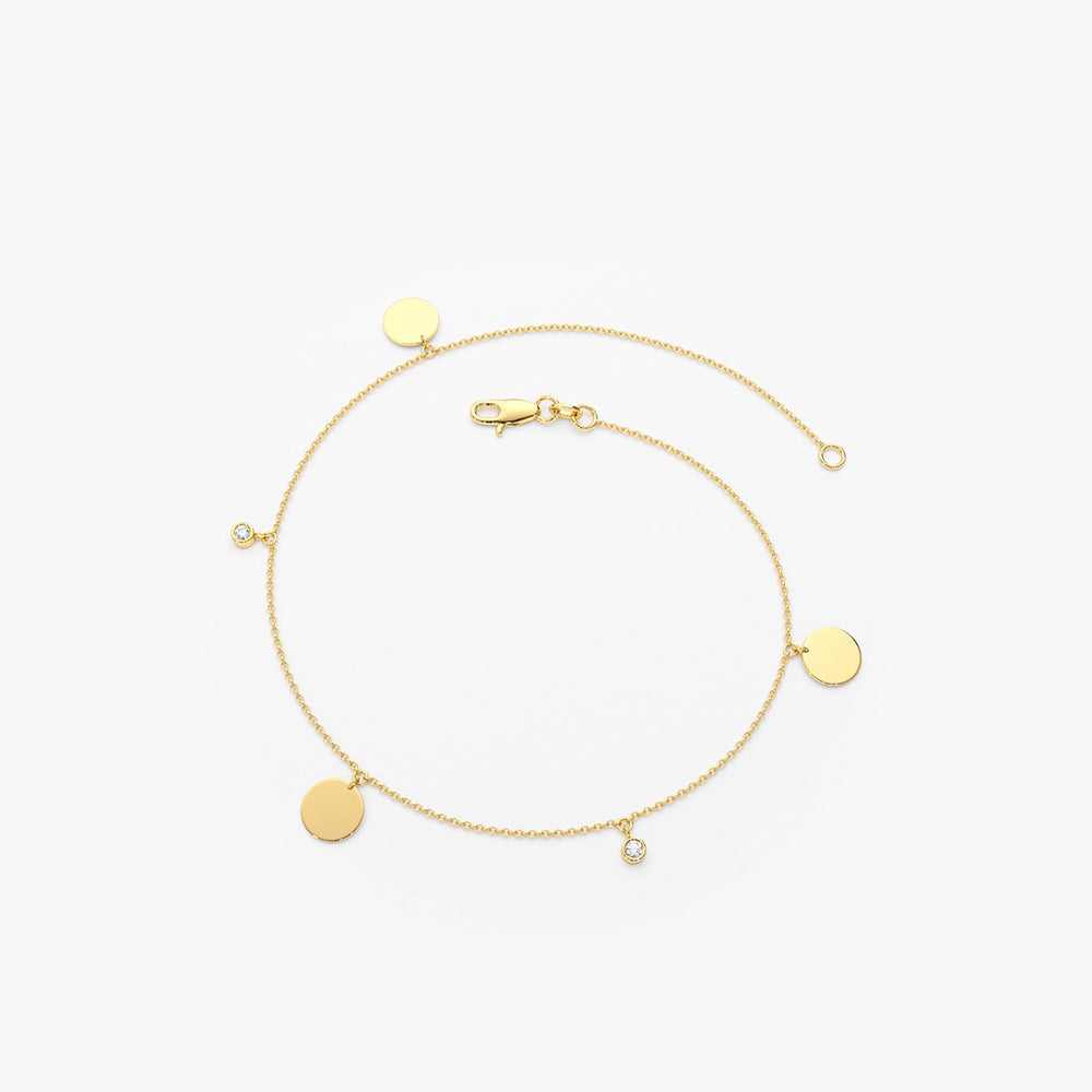 OBFJ1912 - Dangling Diamond Bracelet with Dangling Gold Disc bracelets in selectable metal and diamond options - Roselle Jewelry view 8