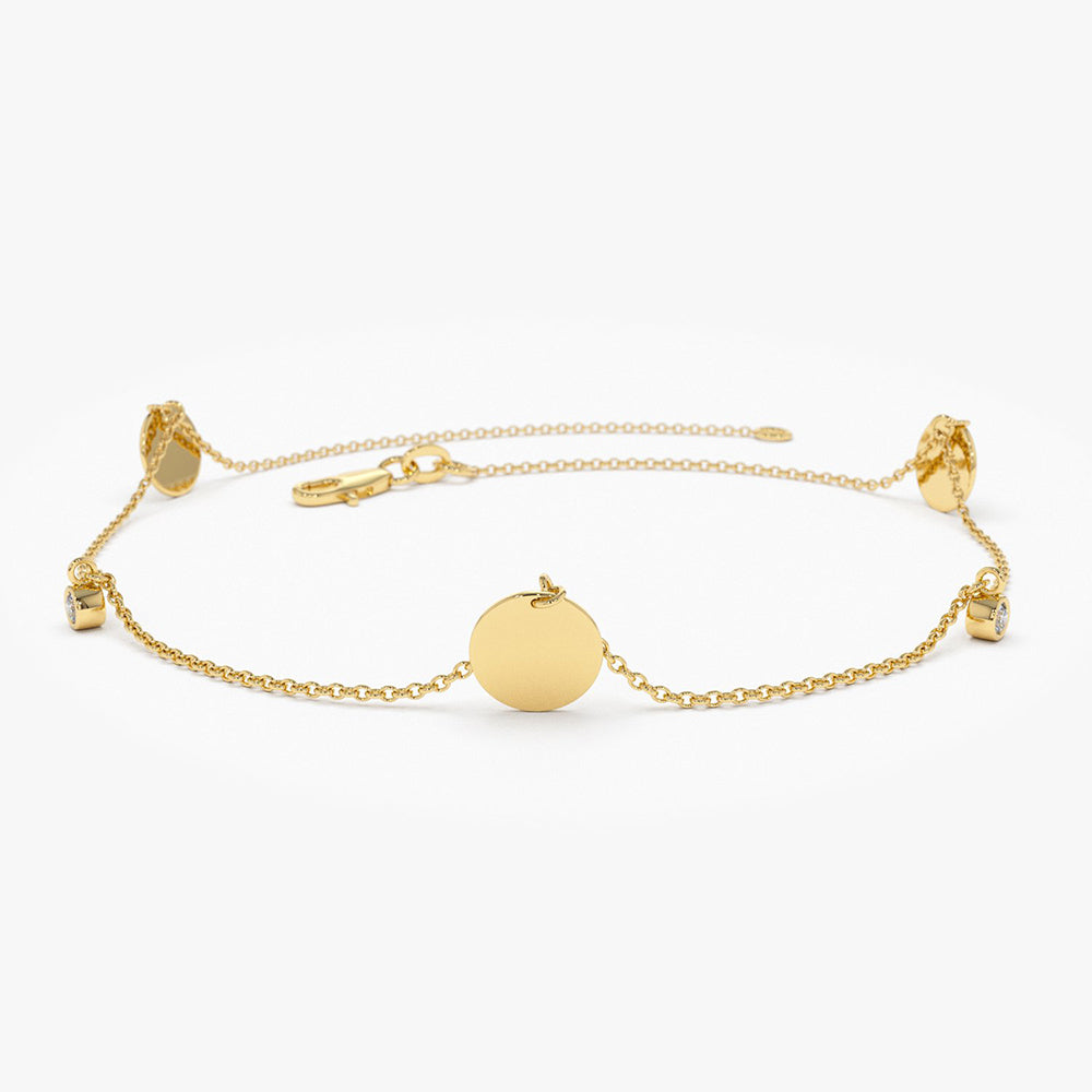 OBFJ1912 - Dangling Diamond Bracelet with Dangling Gold Disc bracelets in selectable metal and diamond options - Roselle Jewelry view 1