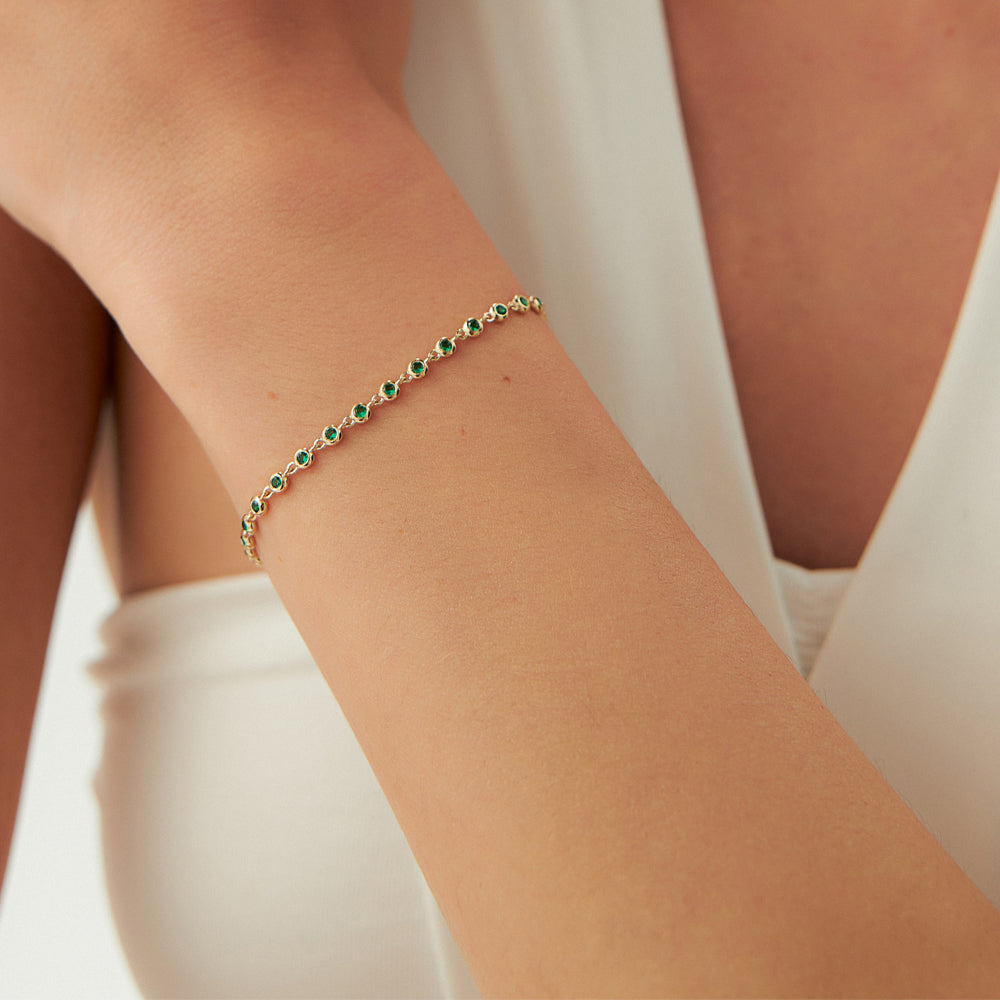 OBFJ2270 - Bezel Set Emerald Tennis Bracelet bracelets in selectable metal and diamond options - Roselle Jewelry view 3