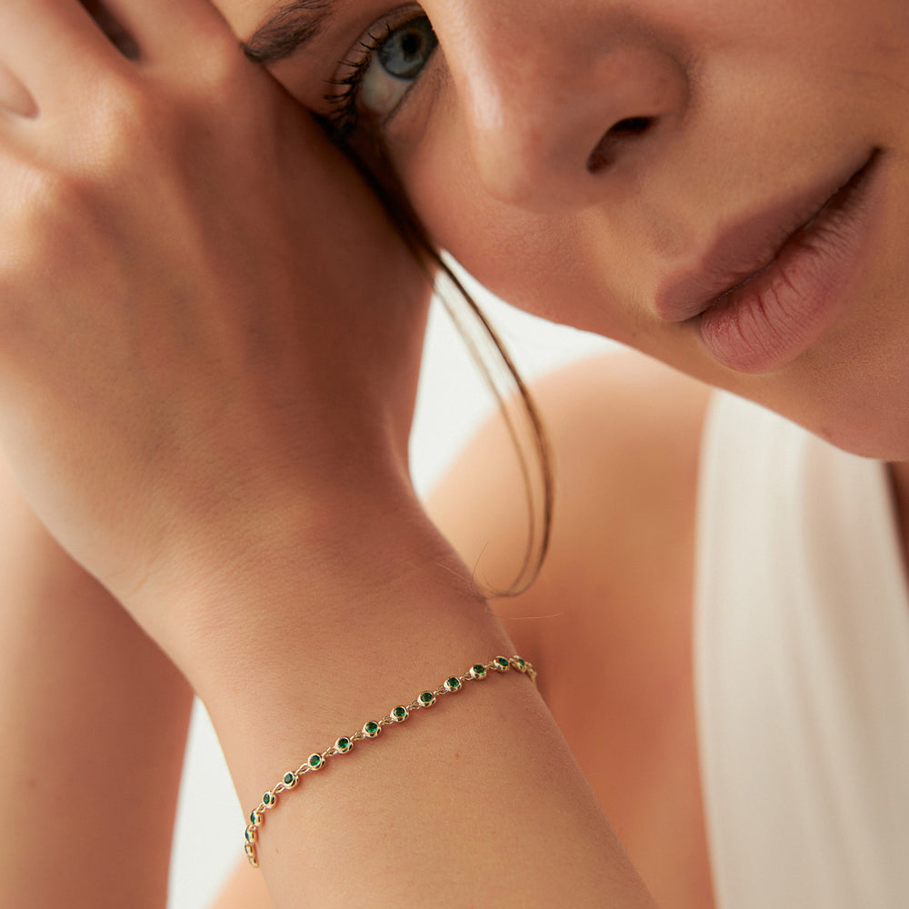 OBFJ2270 - Bezel Set Emerald Tennis Bracelet bracelets in selectable metal and diamond options - Roselle Jewelry view 2