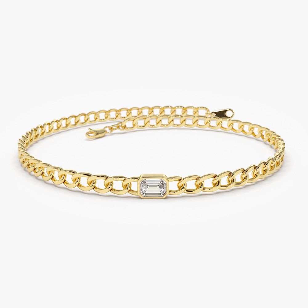 OBFJ2013 - Cuban Link Bracelet w/ Emerald Cut Diamond bracelets in selectable metal and diamond options - Roselle Jewelry view 1