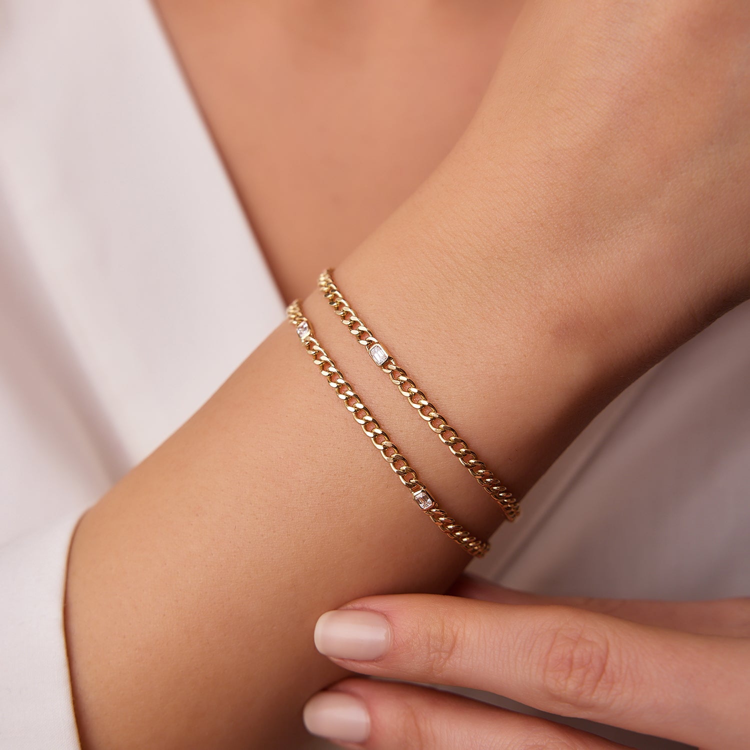 OBFJ2013 - Cuban Link Bracelet w/ Emerald Cut Diamond bracelets in selectable metal and diamond options - Roselle Jewelry view 3
