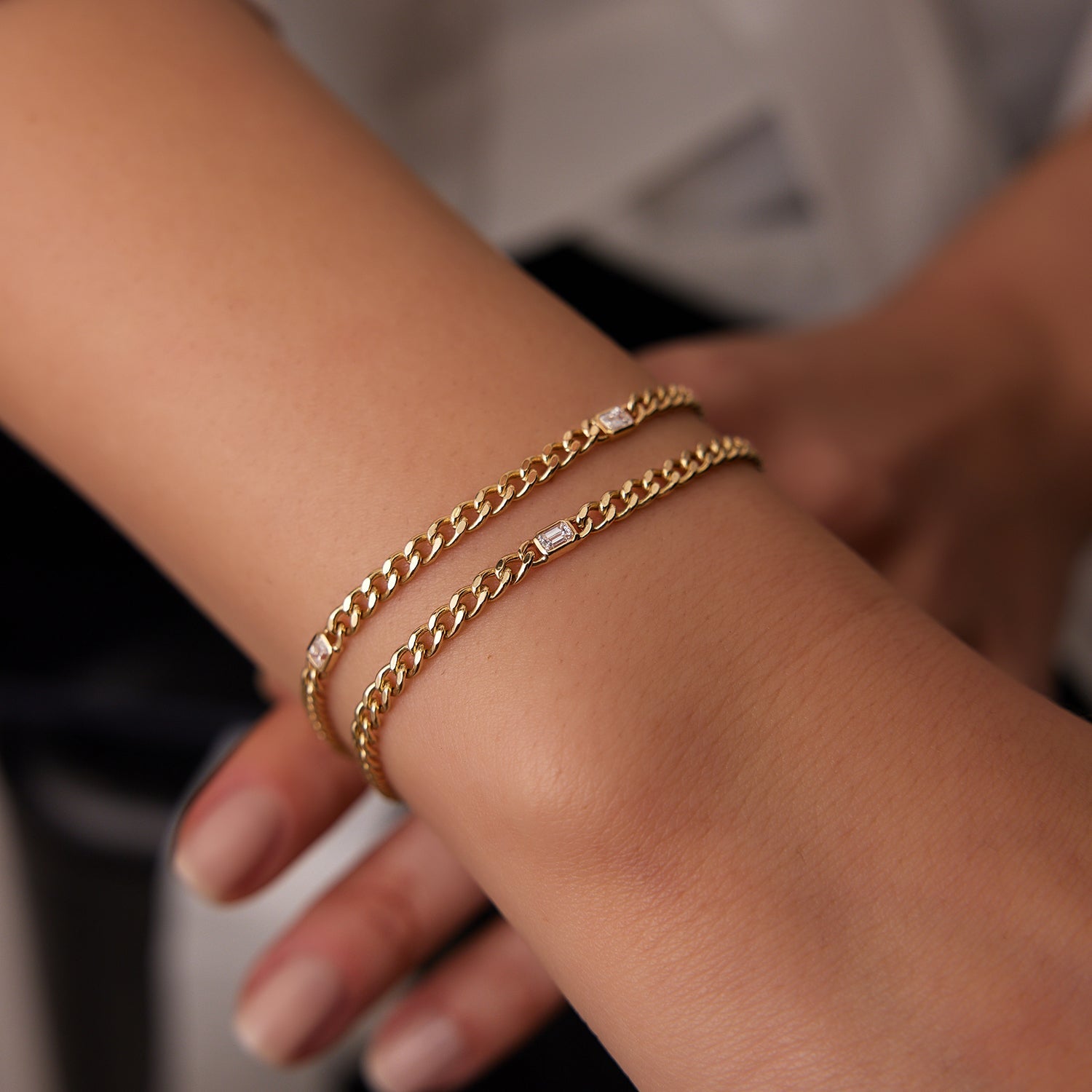 OBFJ2013 - Cuban Link Bracelet w/ Emerald Cut Diamond bracelets in selectable metal and diamond options - Roselle Jewelry view 2