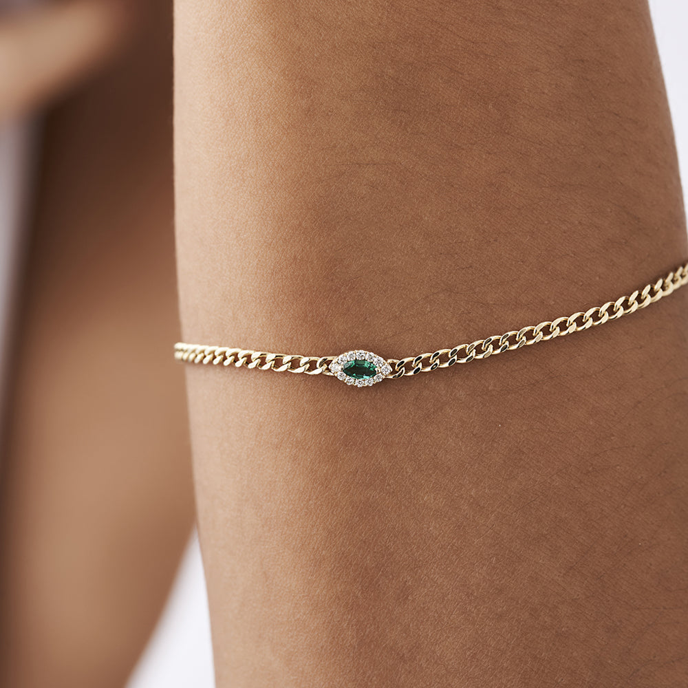 OBFJ2175 - 14k 2MM Curb Link Marquise Emerald Bracelet 2