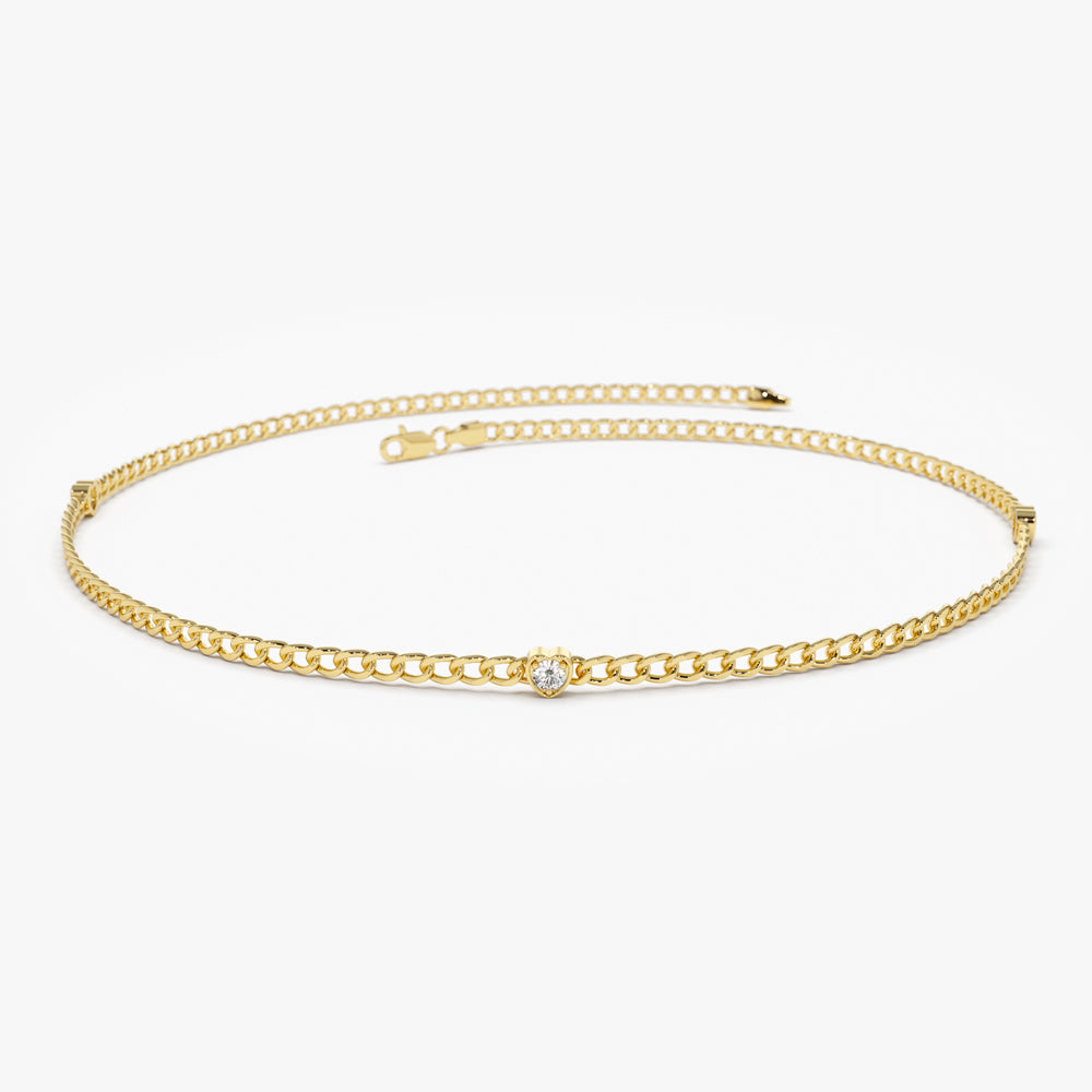 OBFJ2176 - 2MM Curb Link Bracelet w/ Heart Shape Solitaire Round Diamonds bracelets in selectable metal and diamond options - Roselle Jewelry view 1
