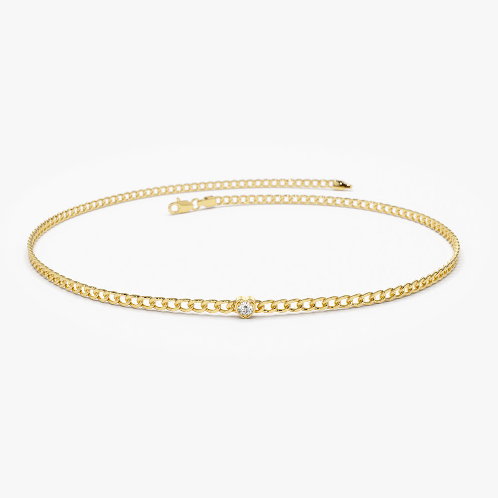 OBFJ2176 - 2MM Curb Link Bracelet w/ Heart Shape Solitaire Round Diamonds bracelets in selectable metal and diamond options - Roselle Jewelry view 5
