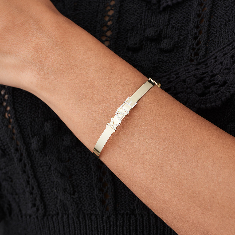 OBFJ2195 - 5MM Sliding Diamond Initials Bangle bracelets in selectable metal and diamond options - Roselle Jewelry view 2