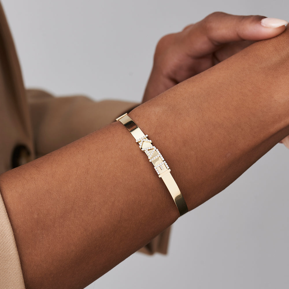 OBFJ2195 - 5MM Sliding Diamond Initials Bangle bracelets in selectable metal and diamond options - Roselle Jewelry view 4