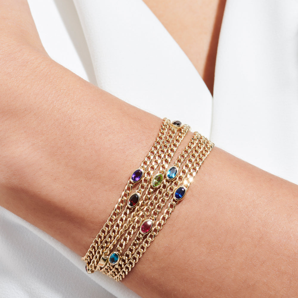 OBFJ2222 - Cuban Link Bracelet w/ Bezel Setting London Blue Topaz bracelets in selectable metal and diamond options - Roselle Jewelry view 6