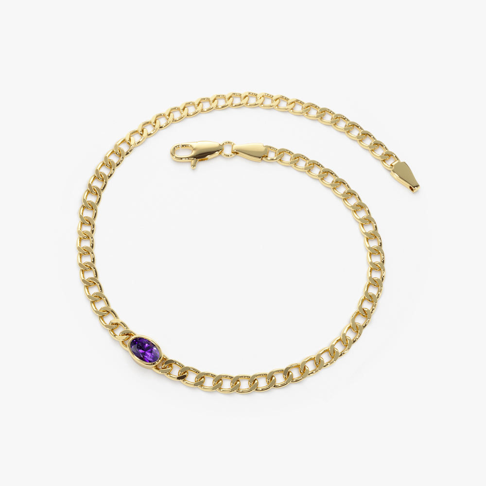 OBFJ2225 - Cuban Link Bracelet w/ Bezel Setting Amethyst bracelets in selectable metal and diamond options - Roselle Jewelry view 7