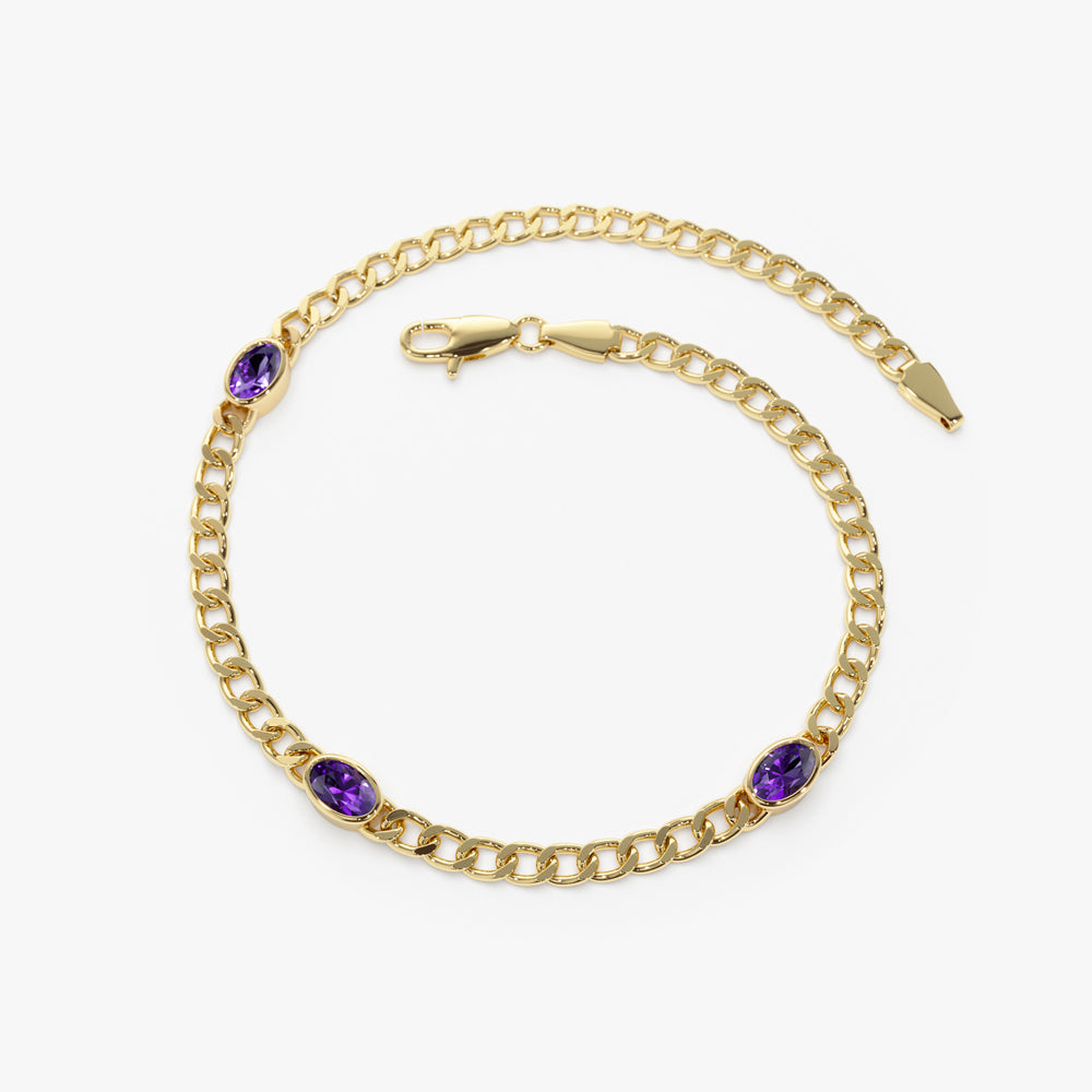 OBFJ2225 - Cuban Link Bracelet w/ Bezel Setting Amethyst bracelets in selectable metal and diamond options - Roselle Jewelry view 6