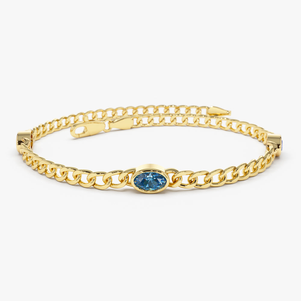 OBFJ2222 - Cuban Link Bracelet w/ Bezel Setting London Blue Topaz bracelets in selectable metal and diamond options - Roselle Jewelry view 1
