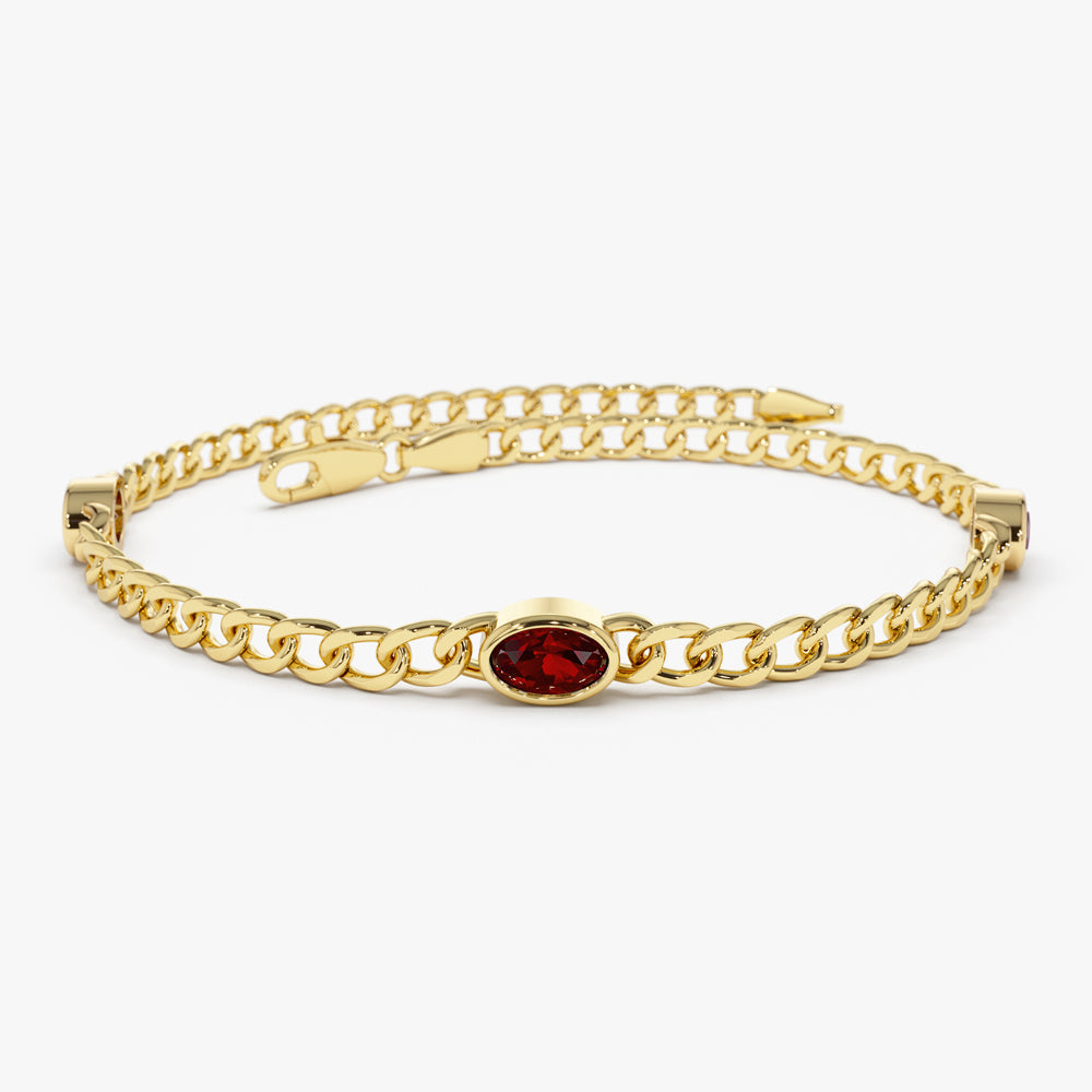 OBFJ2224 - Cuban Link Bracelet w/ Bezel Setting Garnet bracelets in selectable metal and diamond options - Roselle Jewelry view 1
