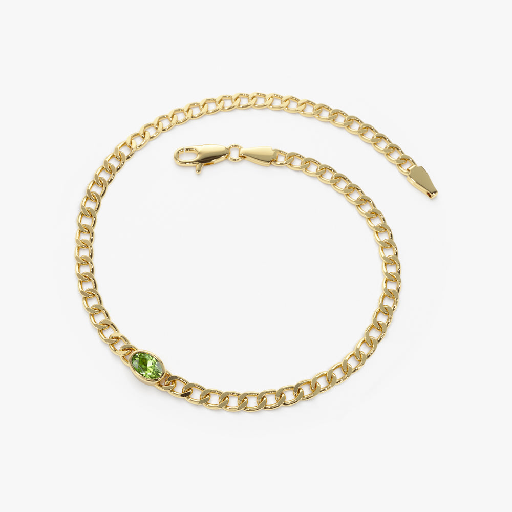 OBFJ2223 - Cuban Link Bracelet w/ Bezel Setting Peridot bracelets in selectable metal and diamond options - Roselle Jewelry view 8